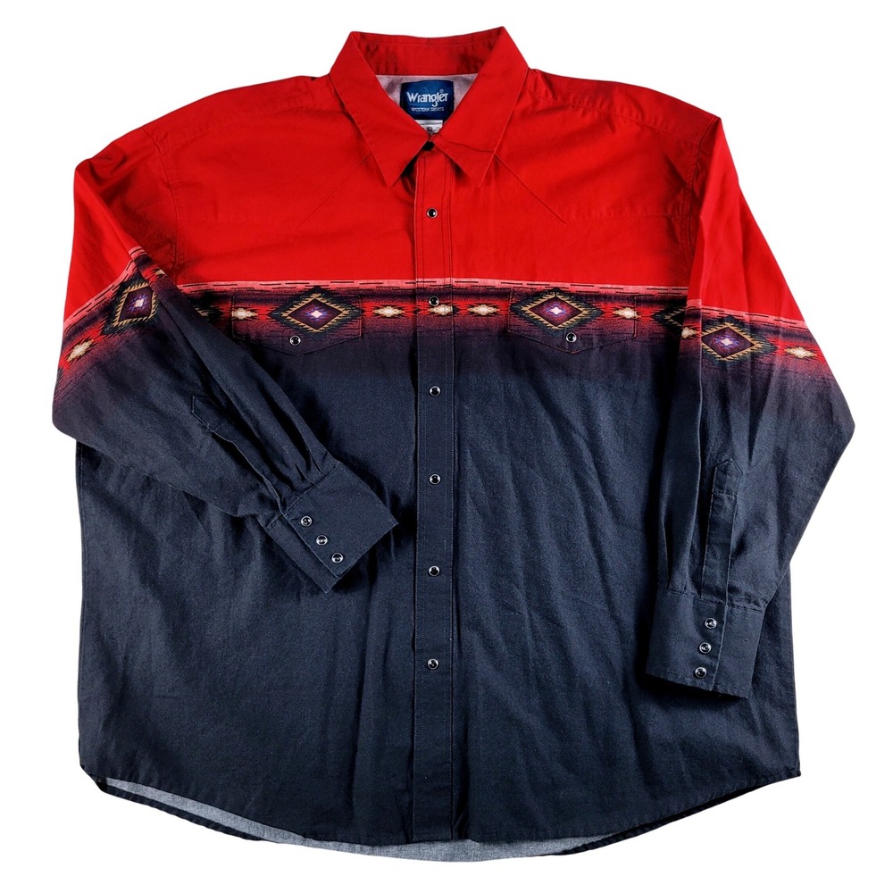 Wrangler Western Shirt Size 2X Red Black Ombre Aztec Snap Button Long Sleeve